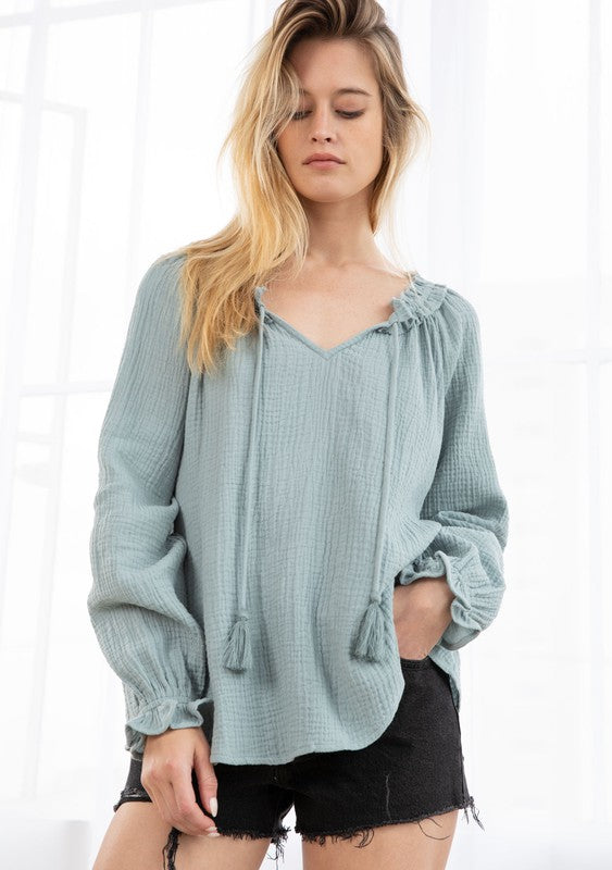 The Coryell Peasant Top in Dusty Teal