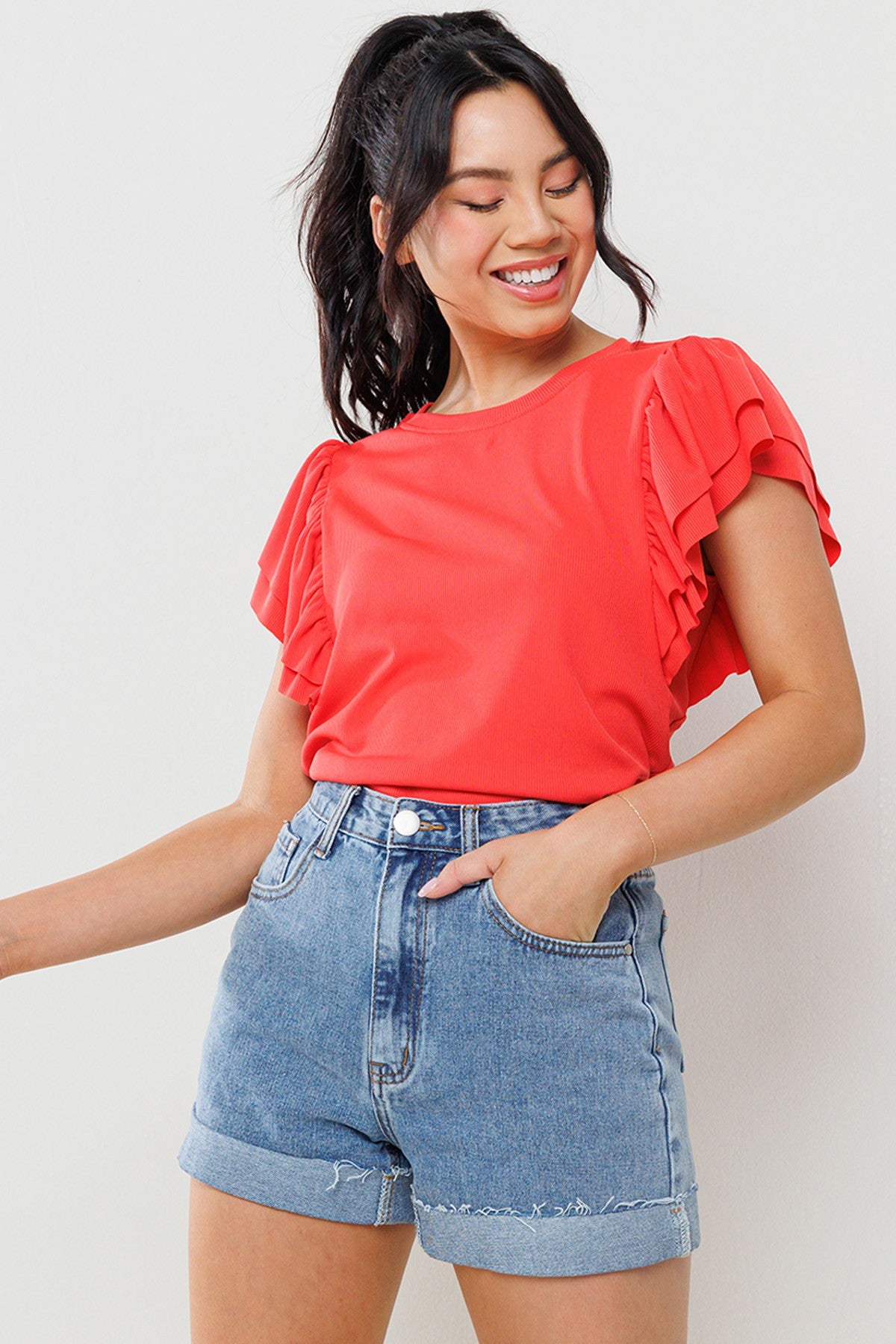 Genevieve Double Ruffle Short Sleeve Knit Top