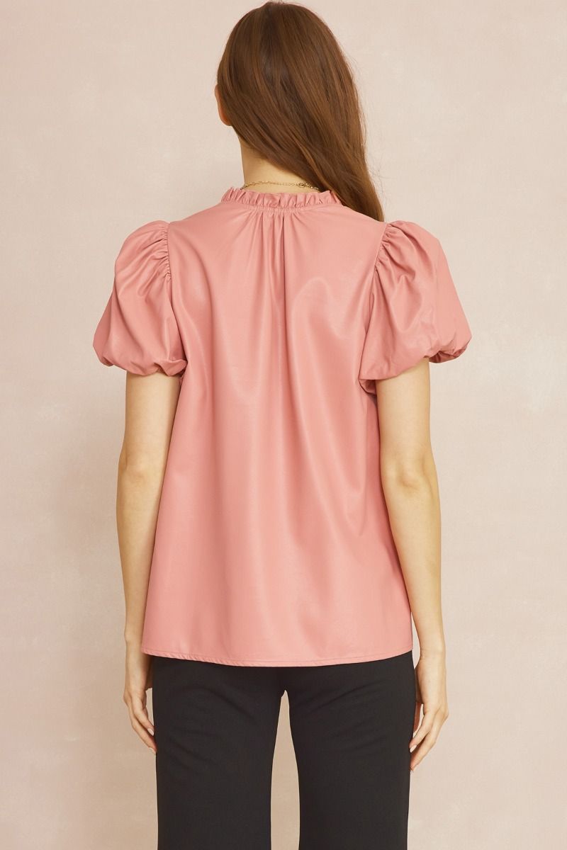 The Payne Kat Faux Leather Ruffle Sleeve Top