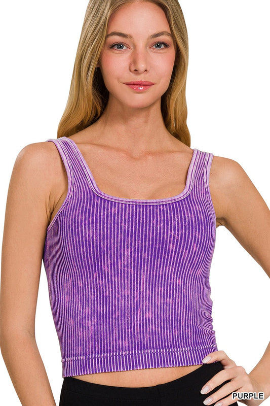 Square Neck Stone Washed Ribbed Top Long