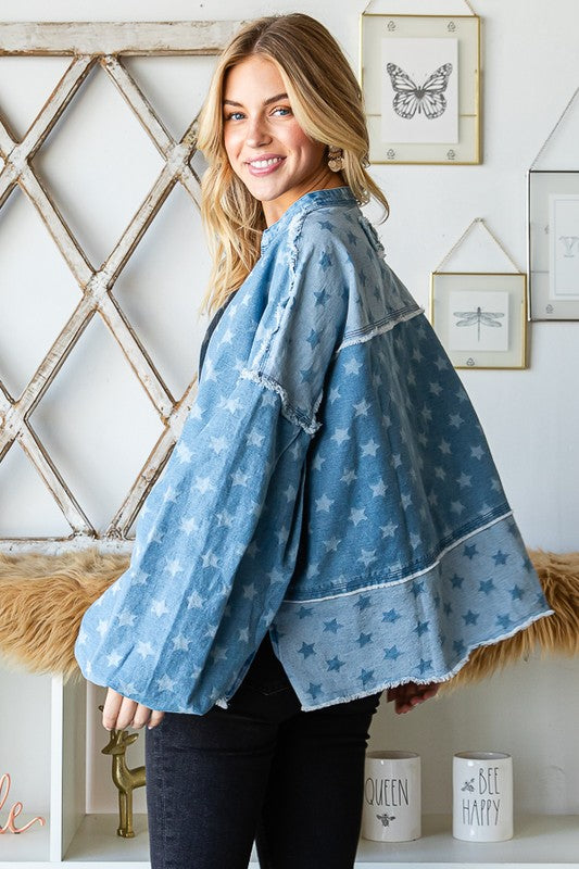 The Payson Kat Star Denim Balloon Sleeve Top