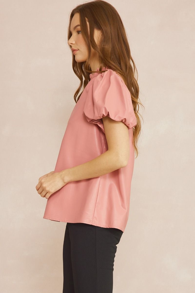 The Payne Kat Faux Leather Ruffle Sleeve Top