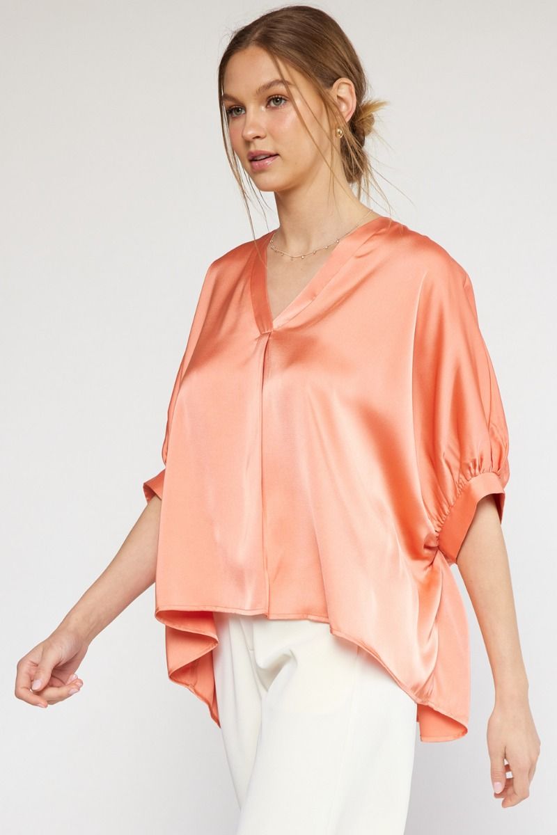 Kriss Kat Drape V-Neck Satin Blouse