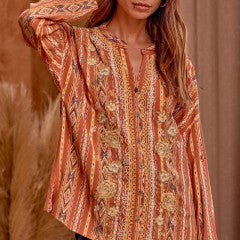 The Wren Kat Split Neck Rust Stripe Embroidered Top Curve +