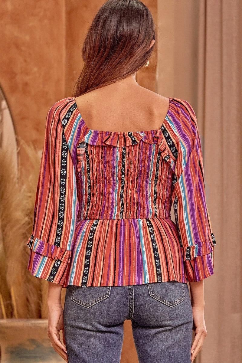 The Dallas Kat Smocked Top Aztec Stripe Top with Peplum