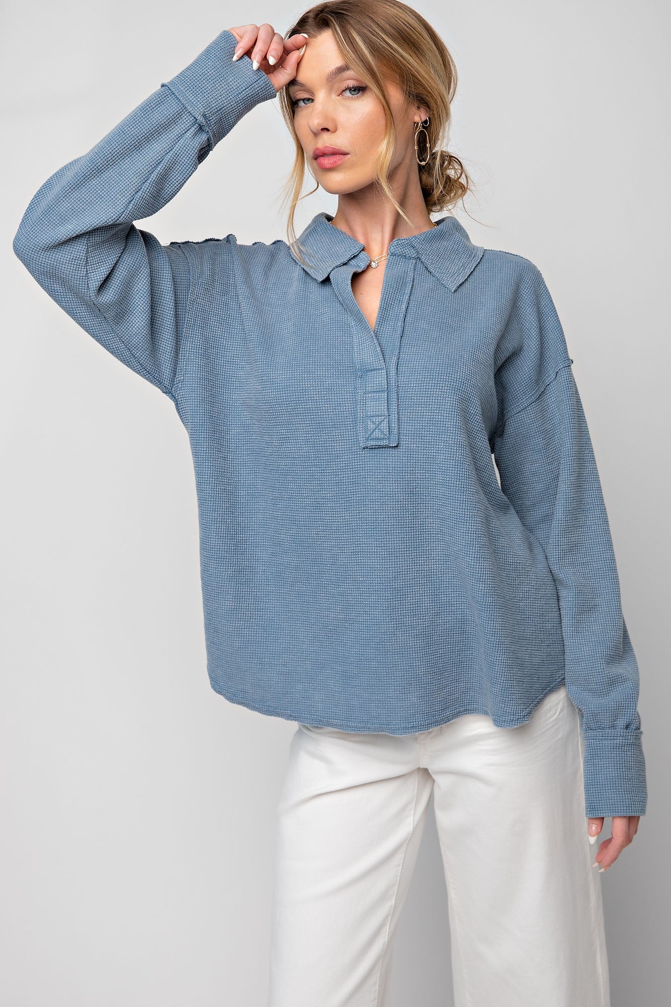 Washed Thermal Henley Knit Top