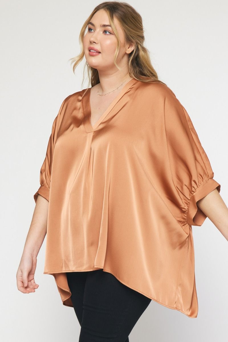 Kriss Kat Drape V-Neck Satin Blouse Curve +