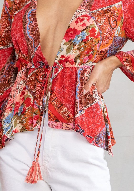 The Bronx Retro Floral Patchwork Tie Front Kimono Top