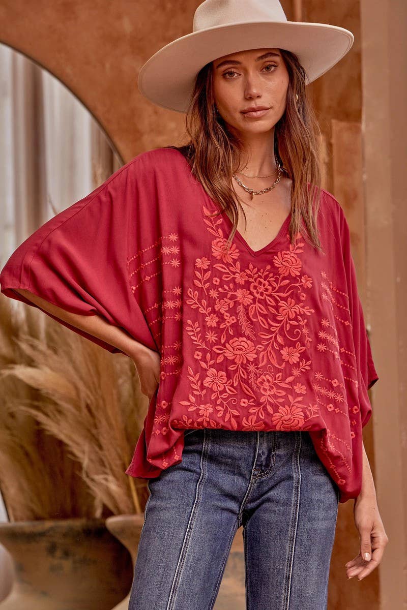 The Bella Schuyler Embroidered Tunic Top in Sedona Raspberry