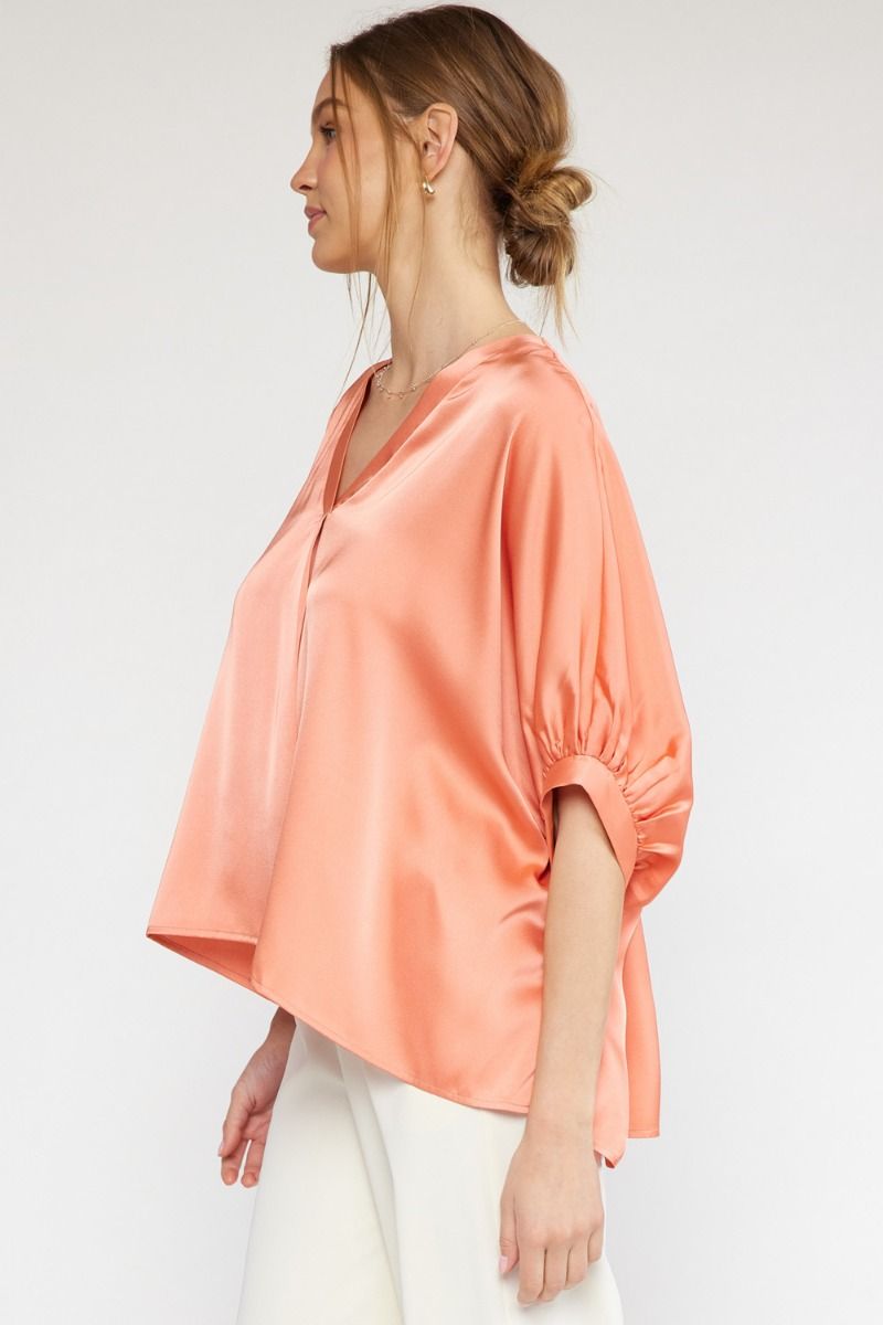 Kriss Kat Drape V-Neck Satin Blouse