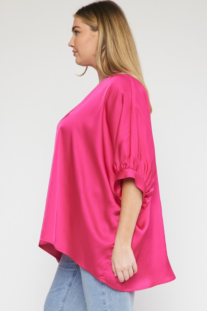 Kriss Kat Drape V-Neck Satin Blouse Curve +