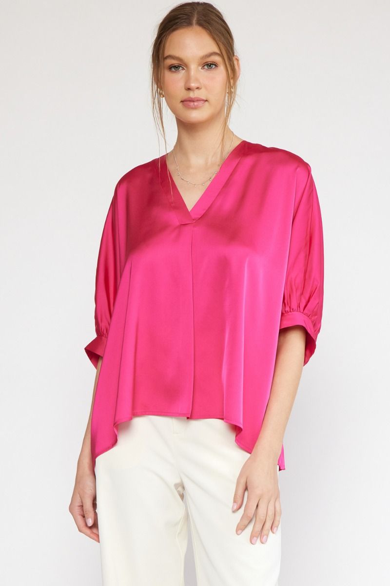 Kriss Kat Drape V-Neck Satin Blouse