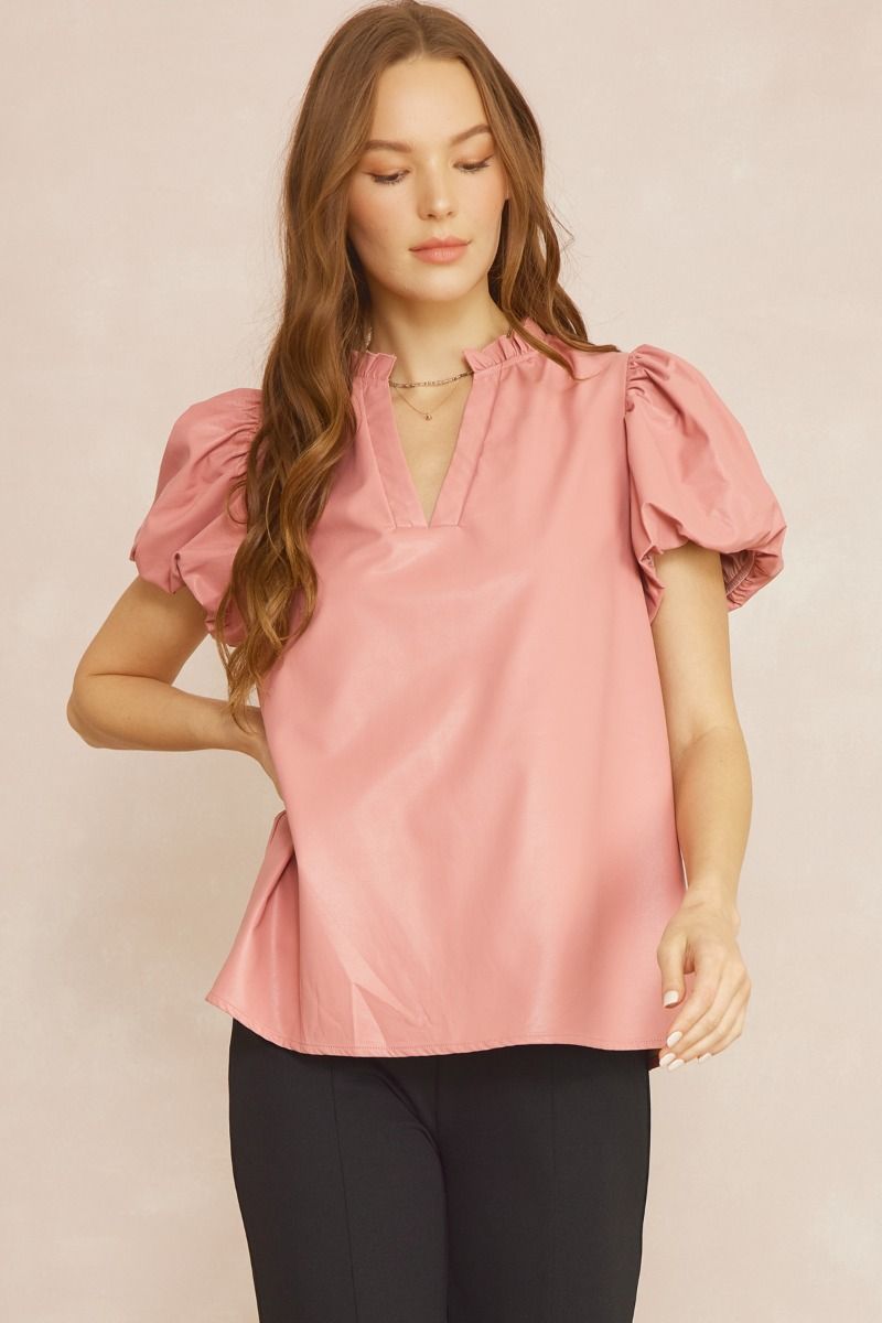 The Payne Kat Faux Leather Ruffle Sleeve Top