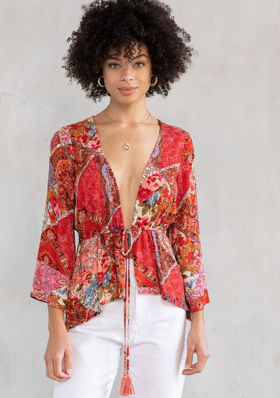 The Bronx Retro Floral Patchwork Tie Front Kimono Top