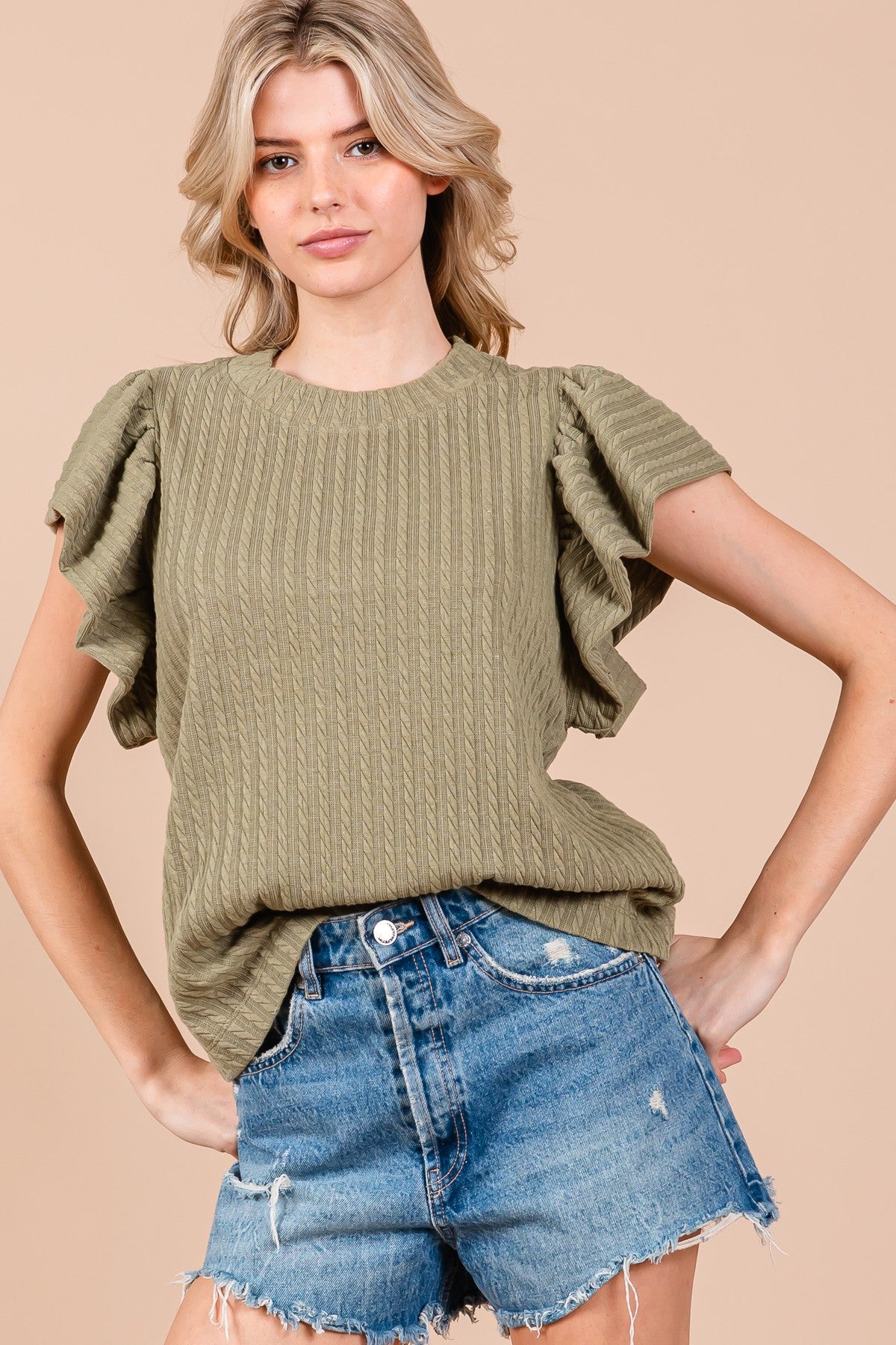 Milo Kat Flutter Sleeve Textured Knit Top