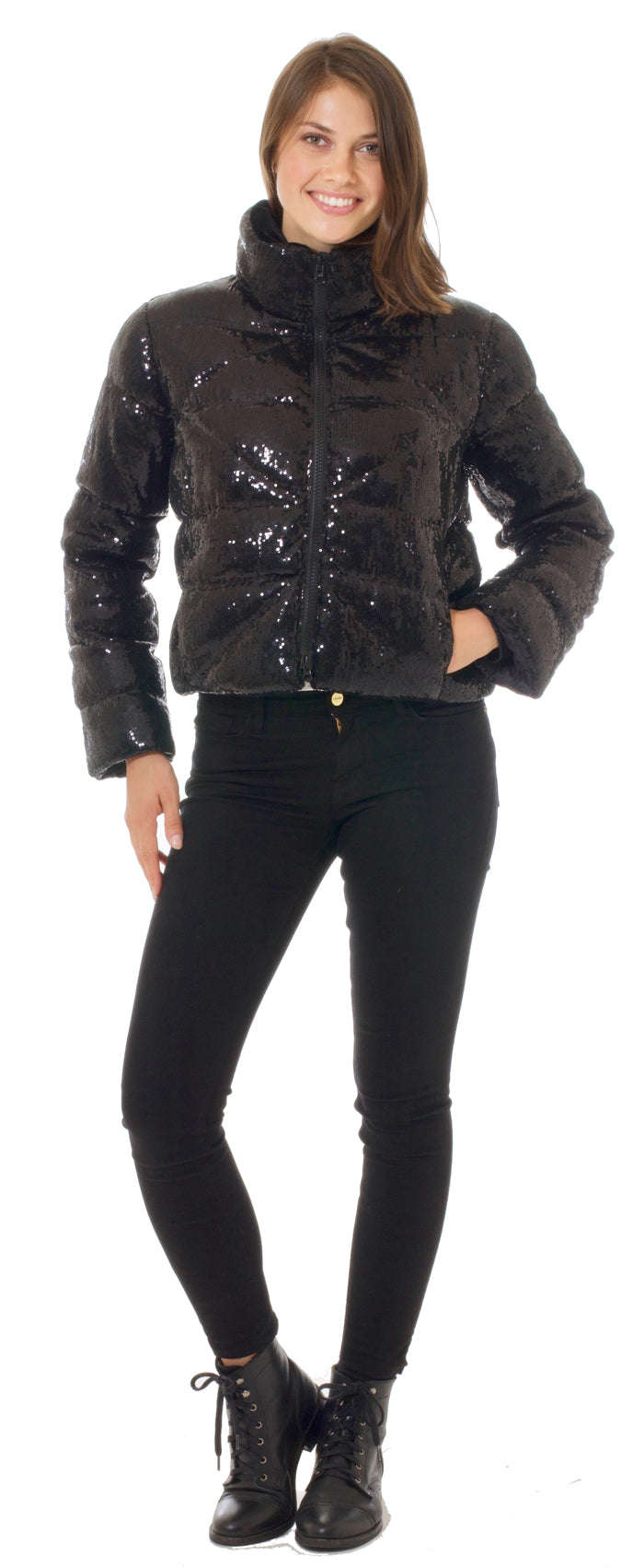 The LUXE Rina Sequin Duck Down Puffer