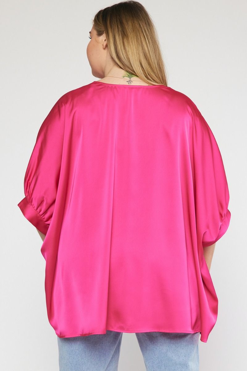 Kriss Kat Drape V-Neck Satin Blouse Curve +