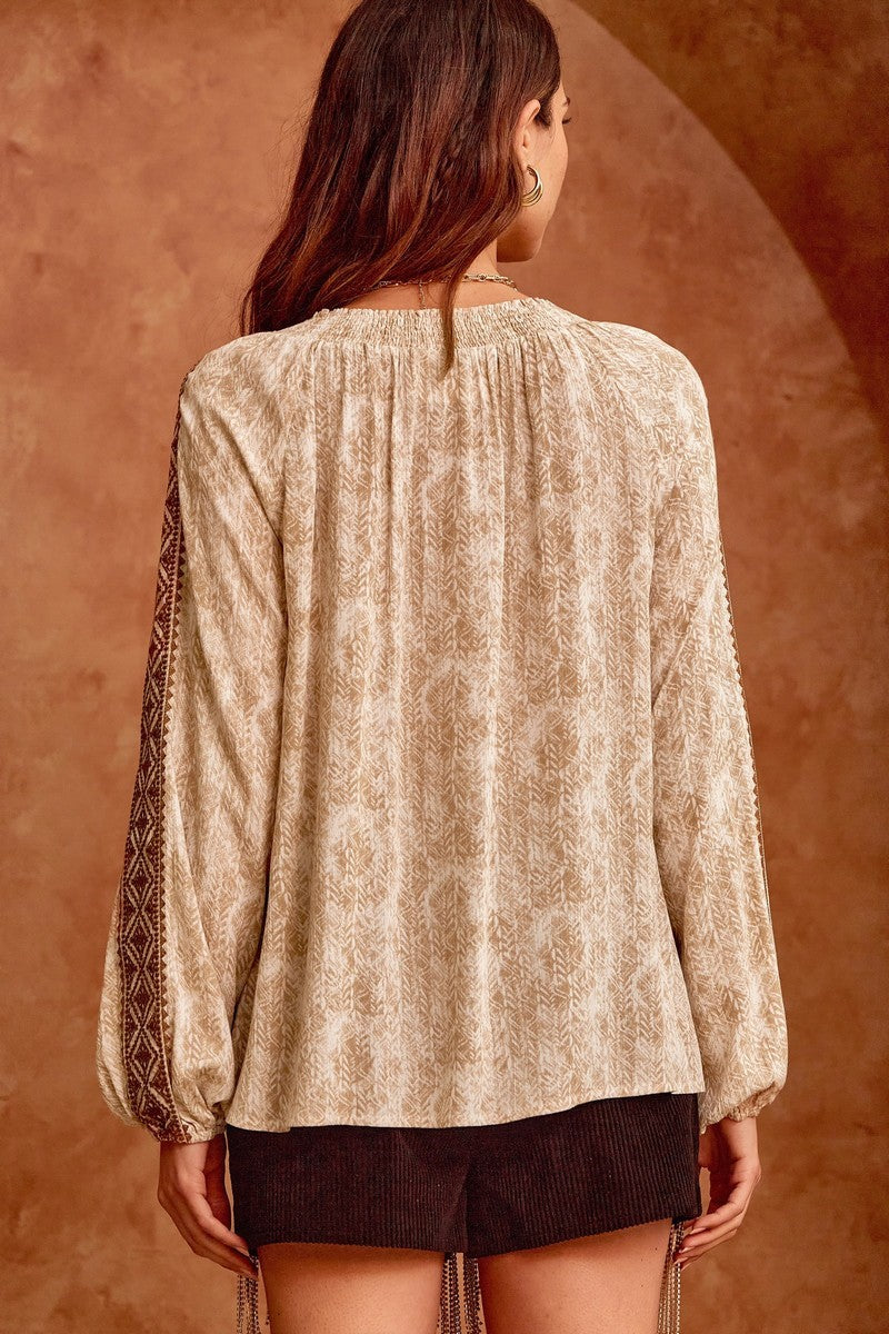 The Ruby Kat Taupe Embroidered Full Sleeve Blouse